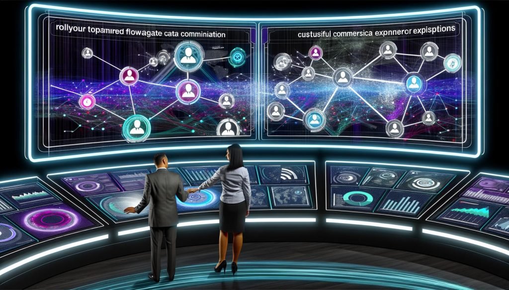 Geschäftsleute analysieren Kundendaten auf Touchscreens in einem modernen Kontrollraum mit digitalen Anzeigen, die vernetzte Streams aus CRM, E-Commerce, Social Media und Support zeigen.