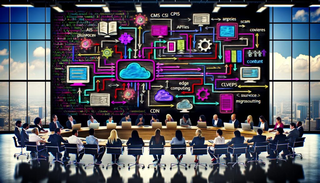 Dynamische Teamszene im modernen Büro, digitales Dashboard mit farbigen Datenströmen, Plattform-Symbolen und Geräten für Echtzeit-Content-Bewegung