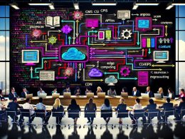 Dynamische Teamszene im modernen Büro, digitales Dashboard mit farbigen Datenströmen, Plattform-Symbolen und Geräten für Echtzeit-Content-Bewegung