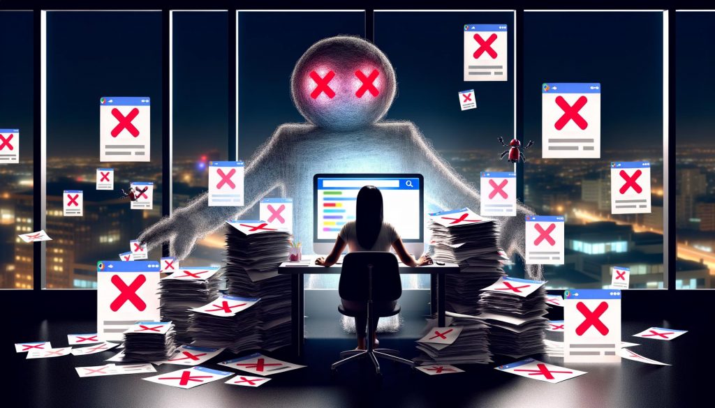 Gestresster Marketer im Büro, umgeben von fehlerhaften Webseiten-Ausdrucken, im Hintergrund bedrohliche Google-Logos und Suchroboter.