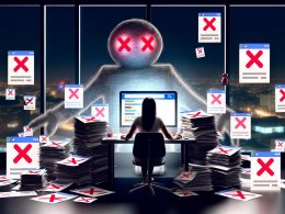 Gestresster Marketer im Büro, umgeben von fehlerhaften Webseiten-Ausdrucken, im Hintergrund bedrohliche Google-Logos und Suchroboter.