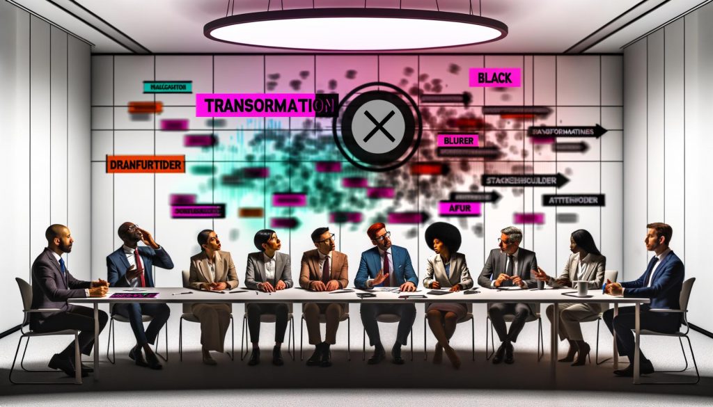 Dynamische Gruppe von Politiker:innen und Berater:innen an einem Konferenztisch mit einem farbintensiven digitalen Dashboard im Vordergrund, das Klarheit und Haltung hervorhebt.