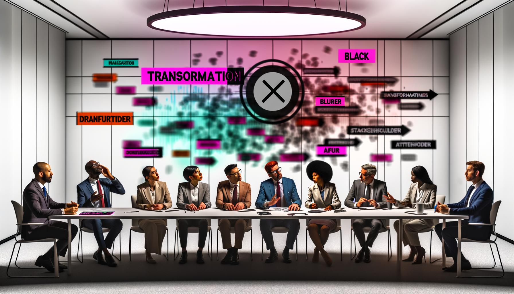 Dynamische Gruppe von Politiker:innen und Berater:innen an einem Konferenztisch mit einem farbintensiven digitalen Dashboard im Vordergrund, das Klarheit und Haltung hervorhebt.