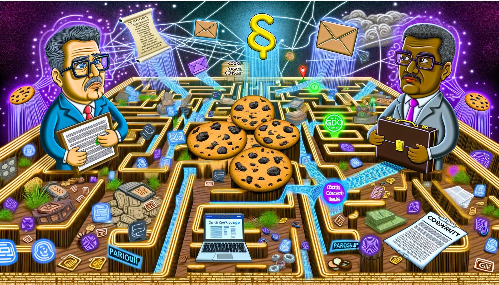 Moderne, humorvolle Illustration zum Cookie Consent Dschungel 2024 mit Datenschutzbeauftragtem, SEO-Manager, Cookie-Banner und Datenverbindungen im Tech-Stil.