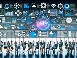 Vielseitiges Team in einem modernen Büro analysiert Datenströme und nutzt automatisierte Dashboards mit KI zur Verbesserung von Marketing und Business Intelligence.