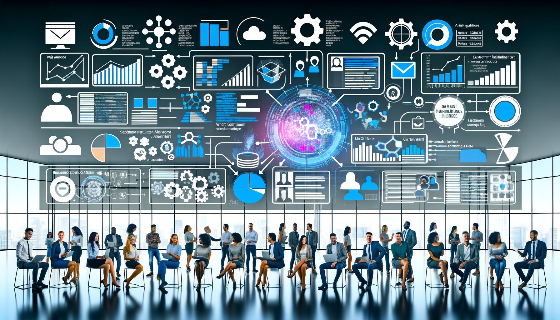 Vielseitiges Team in einem modernen Büro analysiert Datenströme und nutzt automatisierte Dashboards mit KI zur Verbesserung von Marketing und Business Intelligence.