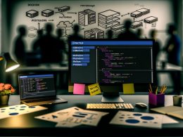Moderner Entwicklerarbeitsplatz mit Directus Dashboard, Code-Editor, Architektur-Skizzen und Tech-Team bei der Infrastrukturplanung.