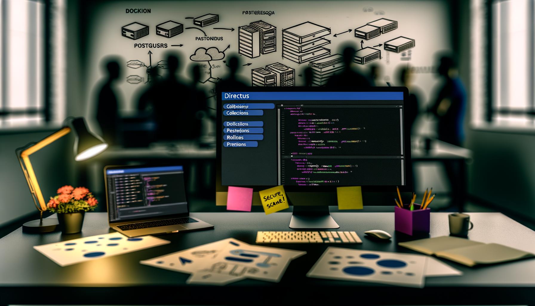 Moderner Entwicklerarbeitsplatz mit Directus Dashboard, Code-Editor, Architektur-Skizzen und Tech-Team bei der Infrastrukturplanung.