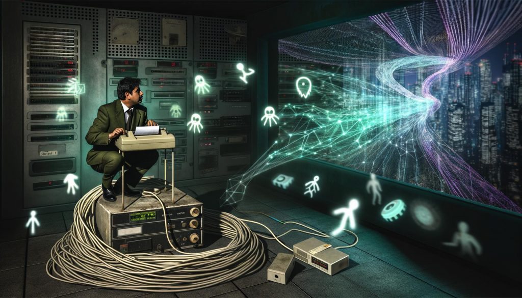 Müder Webmaster auf altem Faxgerät im dunklen Serverraum mit flackernden veralteten Icons, moderne Stadt mit futuristischen Netzwerken im Hintergrund