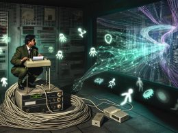 Müder Webmaster auf altem Faxgerät im dunklen Serverraum mit flackernden veralteten Icons, moderne Stadt mit futuristischen Netzwerken im Hintergrund