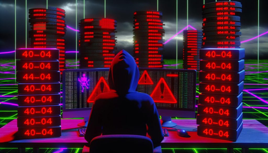 Metaphorische Serverlandschaft mit gestapelten XML-Dateien, einer verwirrten Person im Hoodie vor Monitoren mit rotglühenden Warnsymbolen und 404-Fehlermeldungen, sowie leuchtenden Linien für blockierte Suchmaschinen-Bots.