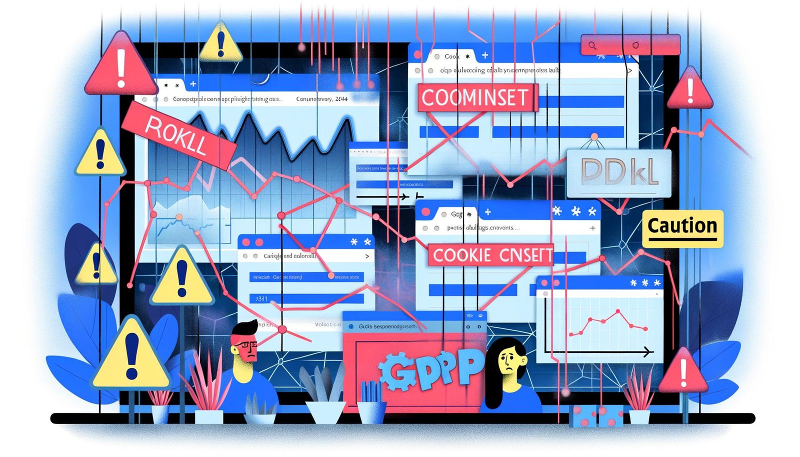 Redaktionelle Illustration: Überfüllte Website mit Cookie-Bannern, kaputten Analysedaten, GDPR-Symbolen, frustrierten Marketern und Warnhinweisen in modernen Kontrastfarben.