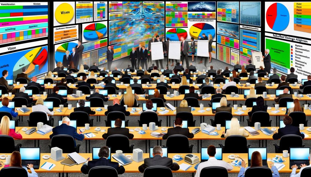 Geschäftsleute in Anzügen in einem hektischen Konferenzraum, umgeben von Laptops, bunten PowerPoint-Folien mit modernen Buzzwords, leeren Kaffeetassen und chaotischen Flipcharts.