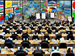 Geschäftsleute in Anzügen in einem hektischen Konferenzraum, umgeben von Laptops, bunten PowerPoint-Folien mit modernen Buzzwords, leeren Kaffeetassen und chaotischen Flipcharts.