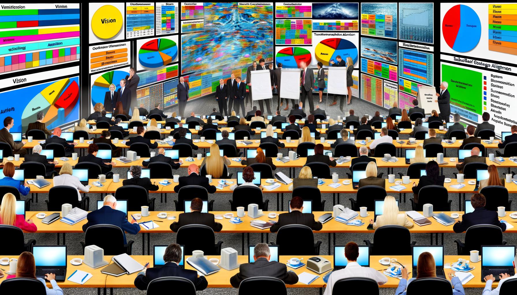 Geschäftsleute in Anzügen in einem hektischen Konferenzraum, umgeben von Laptops, bunten PowerPoint-Folien mit modernen Buzzwords, leeren Kaffeetassen und chaotischen Flipcharts.