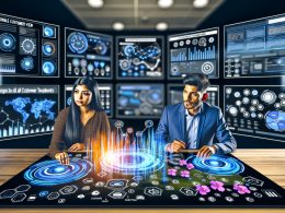 Zwei diverse Data-Analysten diskutieren fokussiert an einem Touchscreen-Tisch mit Single-Customer-View Dashboard in einem high-tech Büro mit mehreren Bildschirmen, Datenvisualisierungen, Customer-Journey-Maps und leuchtenden digitalen Datenströmen.