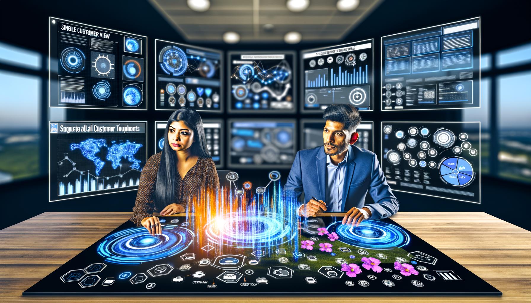 Zwei diverse Data-Analysten diskutieren fokussiert an einem Touchscreen-Tisch mit Single-Customer-View Dashboard in einem high-tech Büro mit mehreren Bildschirmen, Datenvisualisierungen, Customer-Journey-Maps und leuchtenden digitalen Datenströmen.