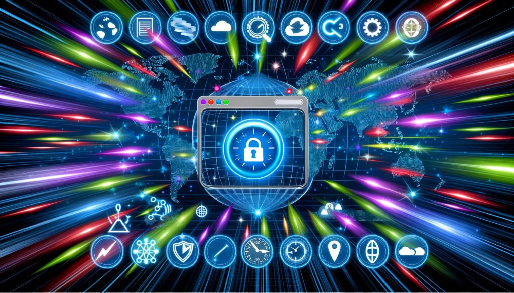 Dynamische Grafik einer modernen Website, die mit hoher Geschwindigkeit auf Mobil- und Desktop-Geräten lädt, mit leuchtenden, verbundenen Edge-Servern im Hintergrund sowie Icons für Performance, SEO, Sicherheit und Core Web Vitals.