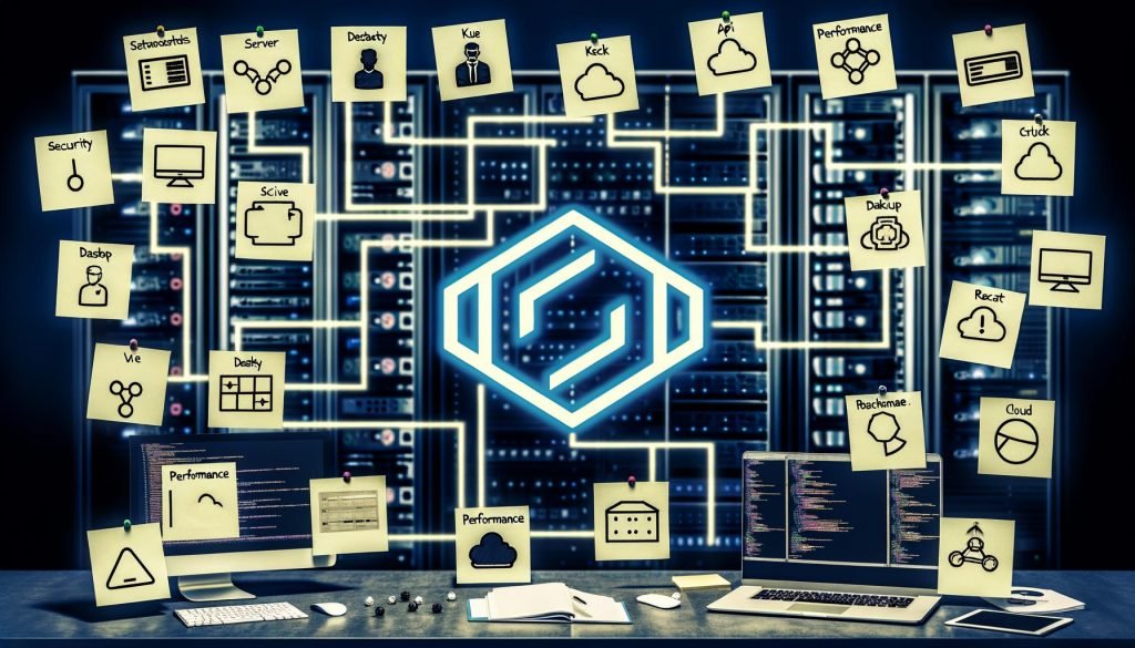 Eine Headless-Backend-Szene mit Directus-Symbol, Checkliste mit Server-, Datenbank- und Cloud-Icons, Warnnotizen zu Sicherheit und Backup, Entwickler im Data-Center sowie Verbindungen zu Frontend-Framework-Logos wie React, Vue und Angular.