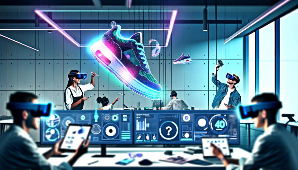 Menschen mit AR-Brillen in futuristischem Büro, die an holografischen 3D-Werbeanzeigen und animiertem Sneaker arbeiten, umgeben von Neonlichteffekten und modernen Technologien. Im Hintergrund ein 404 Magazine Logo.