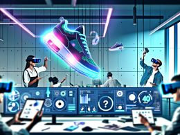 Menschen mit AR-Brillen in futuristischem Büro, die an holografischen 3D-Werbeanzeigen und animiertem Sneaker arbeiten, umgeben von Neonlichteffekten und modernen Technologien. Im Hintergrund ein 404 Magazine Logo.