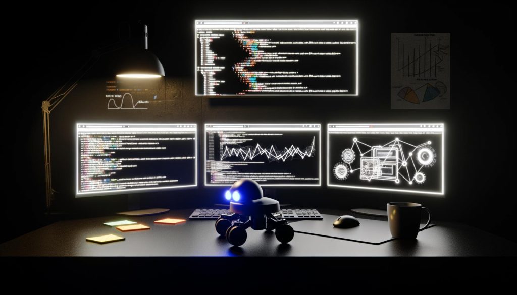 Dunkler moderner Schreibtisch bei Nacht mit mehreren Bildschirmen voller HTML-Code, SEO-Analysen, Crawling-Logs und Illustration eines Googlebots, umgeben von Notizzetteln und Kaffeetasse