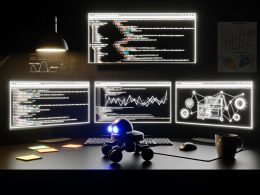 Dunkler moderner Schreibtisch bei Nacht mit mehreren Bildschirmen voller HTML-Code, SEO-Analysen, Crawling-Logs und Illustration eines Googlebots, umgeben von Notizzetteln und Kaffeetasse