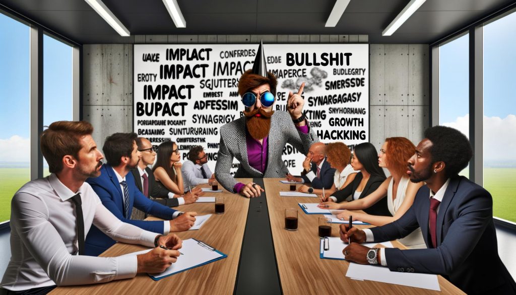 Ironisch inszenierter Konferenztisch in modernem Büro mit Anzugträgern, Chief Bullshit Officer im Mittelpunkt und Präsentationstafel mit Buzzwords