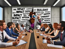 Ironisch inszenierter Konferenztisch in modernem Büro mit Anzugträgern, Chief Bullshit Officer im Mittelpunkt und Präsentationstafel mit Buzzwords