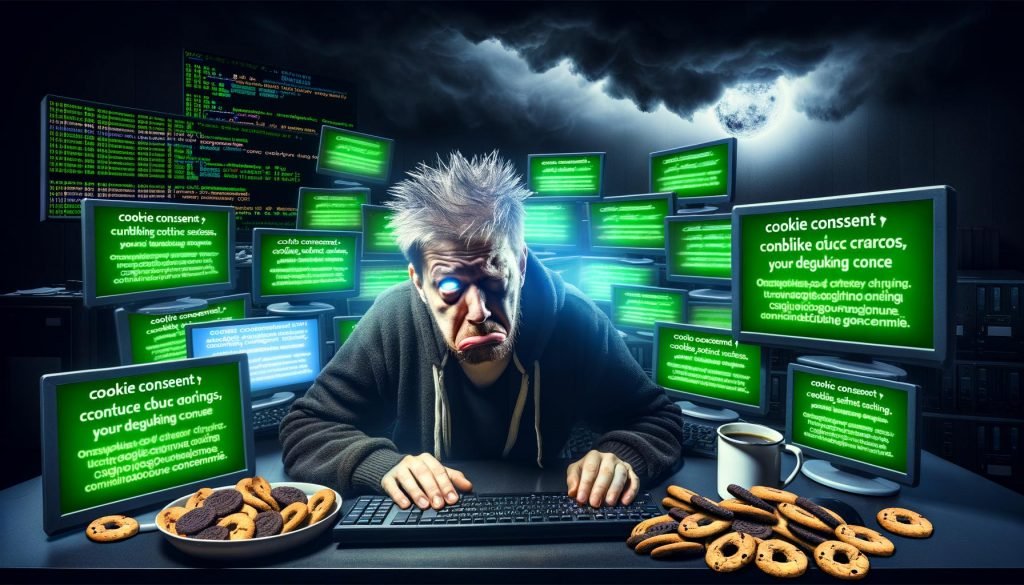 Erschöpfter Marketer vor Monitoren mit Cookie-Bannern, Tracking-Fehlern und Debugging-Konsolen in düsterer Umgebung