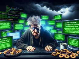 Erschöpfter Marketer vor Monitoren mit Cookie-Bannern, Tracking-Fehlern und Debugging-Konsolen in düsterer Umgebung