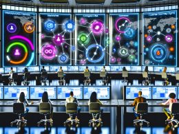 Diverse Marketing- und Datenexperten arbeiten an großen digitalen Dashboards mit Datenströmen, Customer Journey Maps und Analytics in einem innovativen Kontrollzentrum.