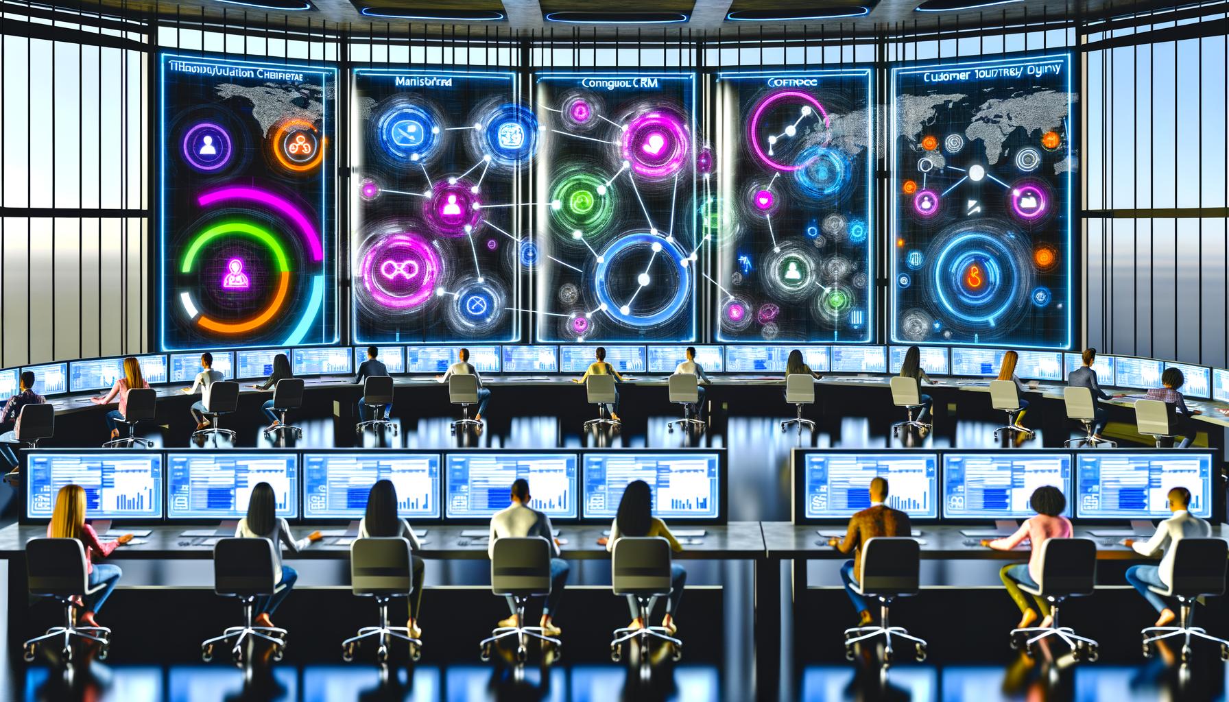 Diverse Marketing- und Datenexperten arbeiten an großen digitalen Dashboards mit Datenströmen, Customer Journey Maps und Analytics in einem innovativen Kontrollzentrum.