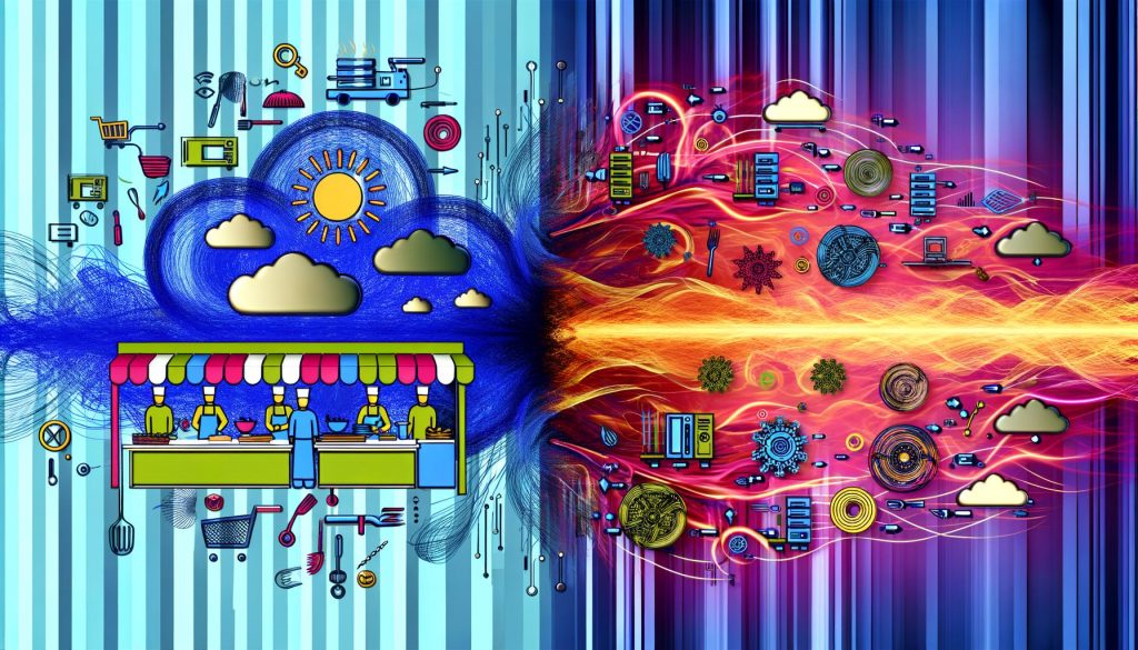 Metaphorisches Split-Screen-Bild mit chaotischem Imbiss links, perfektionierter Sterneküche rechts und stilisierten Datenströmen als Visualisierung von Content-Delivery-Orchestrierung in der Mitte, mit digitalen Symbolen wie API, Cloud, Security und Servern.