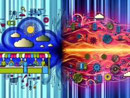 Metaphorisches Split-Screen-Bild mit chaotischem Imbiss links, perfektionierter Sterneküche rechts und stilisierten Datenströmen als Visualisierung von Content-Delivery-Orchestrierung in der Mitte, mit digitalen Symbolen wie API, Cloud, Security und Servern.