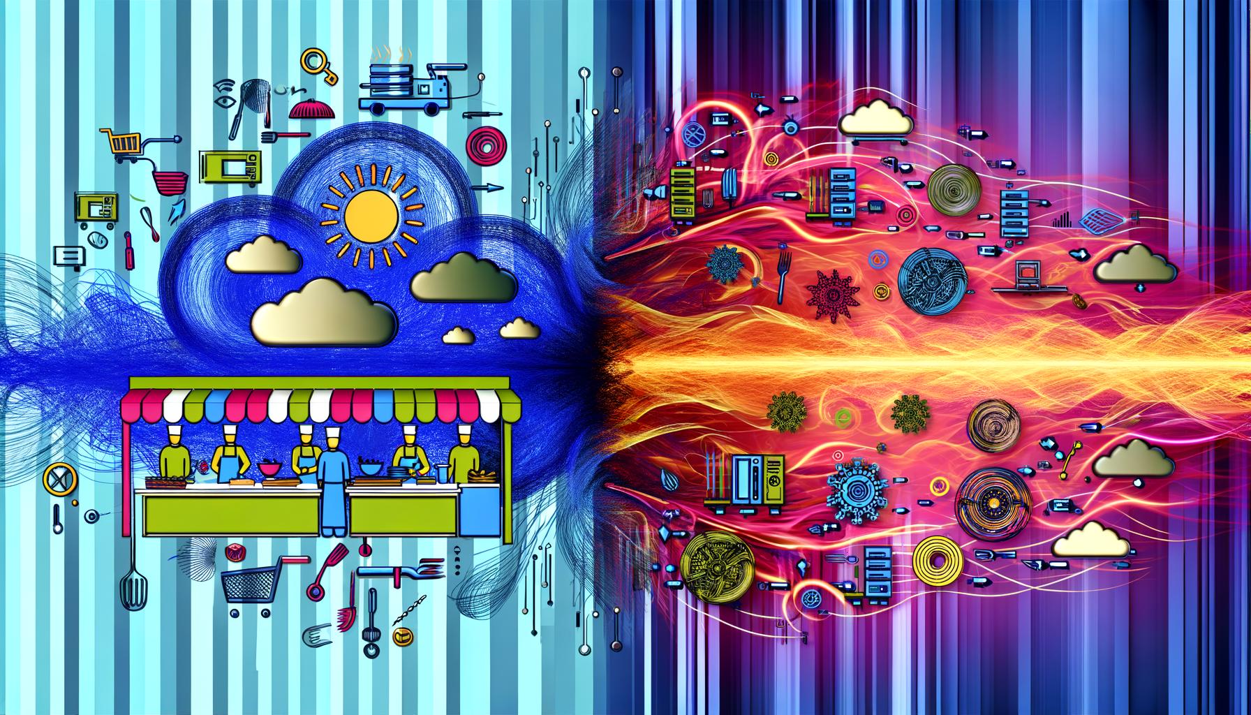 Metaphorisches Split-Screen-Bild mit chaotischem Imbiss links, perfektionierter Sterneküche rechts und stilisierten Datenströmen als Visualisierung von Content-Delivery-Orchestrierung in der Mitte, mit digitalen Symbolen wie API, Cloud, Security und Servern.