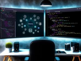 Moderner Entwicklerarbeitsplatz mit Directus-Dashboard auf einem Bildschirm und Code/Docker Compose Datei auf dem anderen, umgeben von Datenbank- und API-Technologie-Icons.
