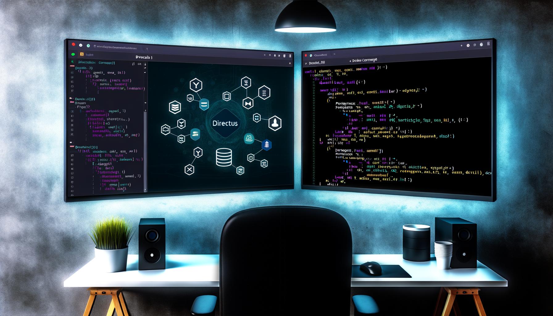Moderner Entwicklerarbeitsplatz mit Directus-Dashboard auf einem Bildschirm und Code/Docker Compose Datei auf dem anderen, umgeben von Datenbank- und API-Technologie-Icons.