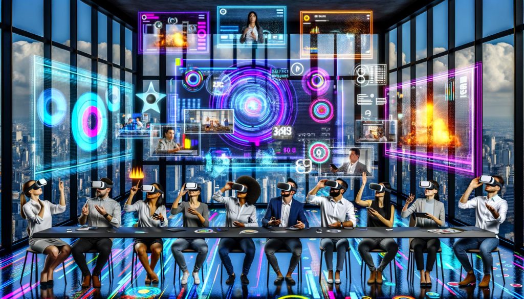 Futuristisches Büro mit Marketern, die AR- und VR-Kampagnen auf digitalen und holografischen Displays steuern, umgeben von moderner Technologie und Stadtpanorama.