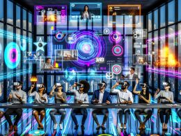 Futuristisches Büro mit Marketern, die AR- und VR-Kampagnen auf digitalen und holografischen Displays steuern, umgeben von moderner Technologie und Stadtpanorama.