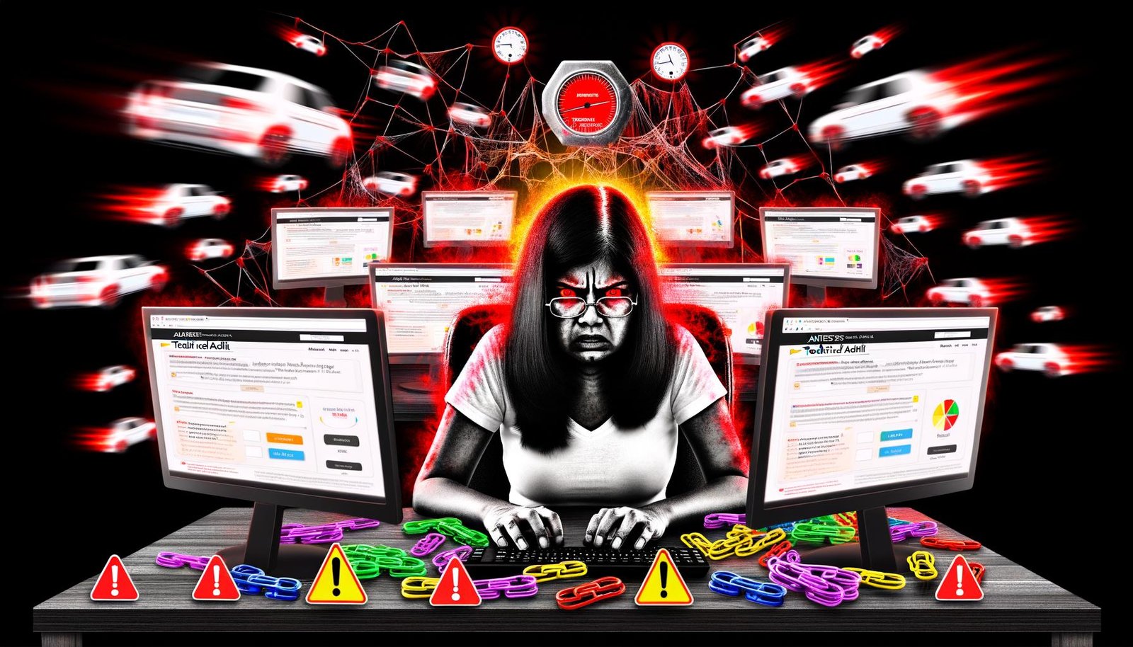 Gestresster Webmaster am Schreibtisch vor Computern mit Warnsymbolen, defekten Links und chaotischen Weiterleitungen, während erfolgreiche Konkurrenzseiten vorbeiziehen. Schriftzug: „Ahrefs Technisches Audit: Deine letzte Rettung vor dem Ranking-Absturz“.