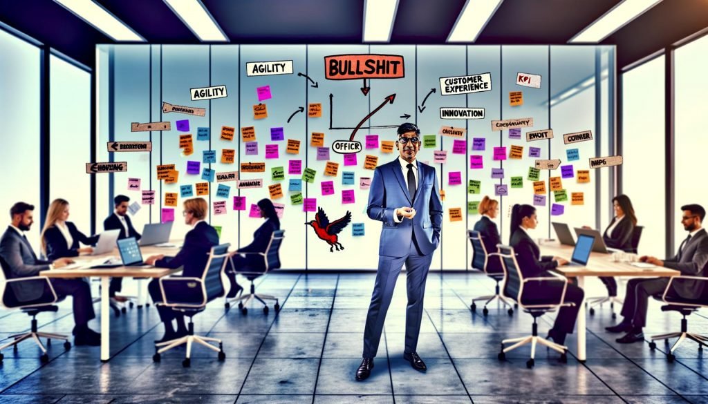 Im Mittelpunkt eines modernen Großraumbüros steht ein schick gekleideter Mann vor einer Glaswand mit bunten Post-its und Business-Schlagworten, Kollegen sitzen im Hintergrund an Laptops, auf dem Whiteboard steht 'Chief Bullshit Officer'.