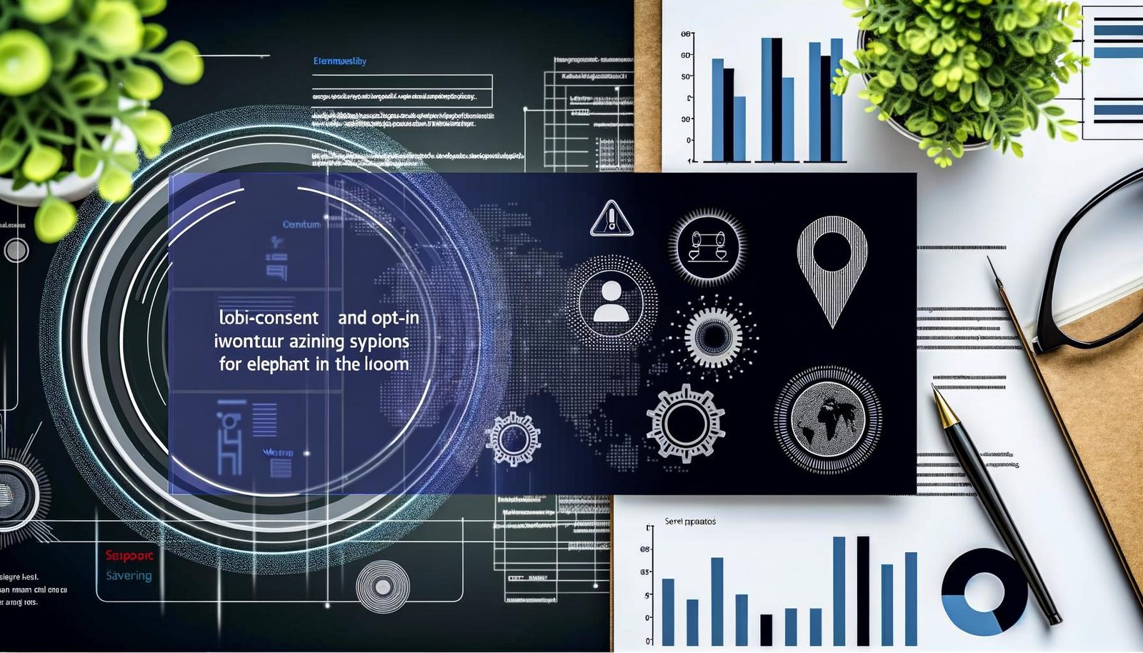 Modernes, dunkles Website-Dashboard mit großem Cookie-Consent-Banner, Analytics-Diagramm, juristischen Paragrafen-Icons und technischem Interface. Im Hintergrund der Schatten eines Elefanten als Metapher.