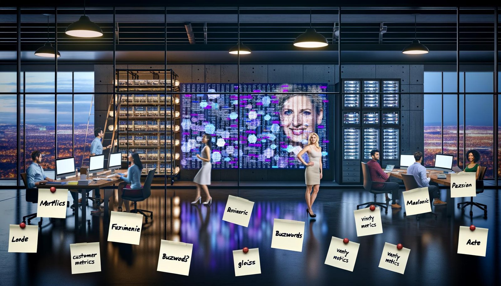 Marketer im modernen Büro analysieren komplexe Rohdaten auf großem Bildschirm, umgeben von Servern und PowerPoint-Stapeln mit Notizen.