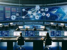 Digitaler Kontrollraum mit modernem Schaltpult, mehreren Bildschirmen und konzentrierten Marketers an futuristischen Arbeitsplätzen, die automatisierte Content-Strategien steuern.