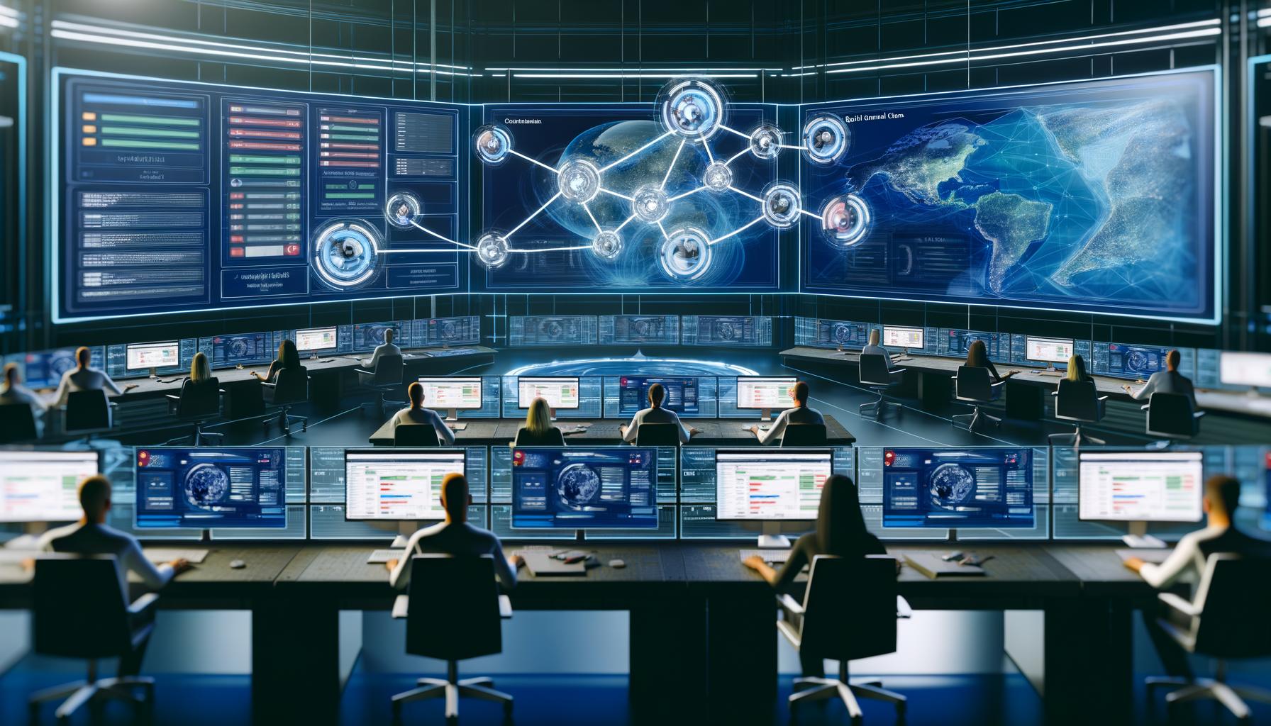 Digitaler Kontrollraum mit modernem Schaltpult, mehreren Bildschirmen und konzentrierten Marketers an futuristischen Arbeitsplätzen, die automatisierte Content-Strategien steuern.