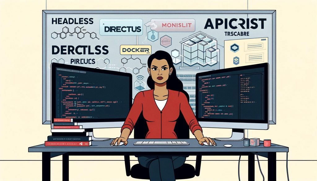 Entwickler an modernem Arbeitsplatz mit Directus Dashboard, API-Diagrammen, Node.js, Docker und Datenbank-Icons. Im Hintergrund Headless sowie API-First Schriftzüge und verblasste Monolith CMS-Logos.