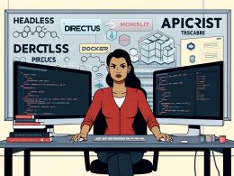 Entwickler an modernem Arbeitsplatz mit Directus Dashboard, API-Diagrammen, Node.js, Docker und Datenbank-Icons. Im Hintergrund Headless sowie API-First Schriftzüge und verblasste Monolith CMS-Logos.