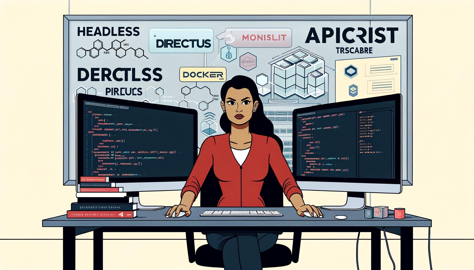 Entwickler an modernem Arbeitsplatz mit Directus Dashboard, API-Diagrammen, Node.js, Docker und Datenbank-Icons. Im Hintergrund Headless sowie API-First Schriftzüge und verblasste Monolith CMS-Logos.