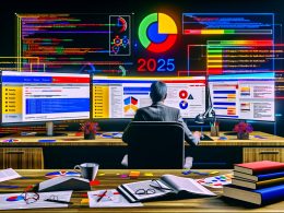 Fokussierter SEO-Profi an modernem Arbeitsplatz mit SEMrush Site Audit Dashboards, Heatmaps, technischen SEO-Berichten, Büchern und Notizen zur technischen Optimierung, Google-Logo und Wecker für 2025 im Hintergrund.